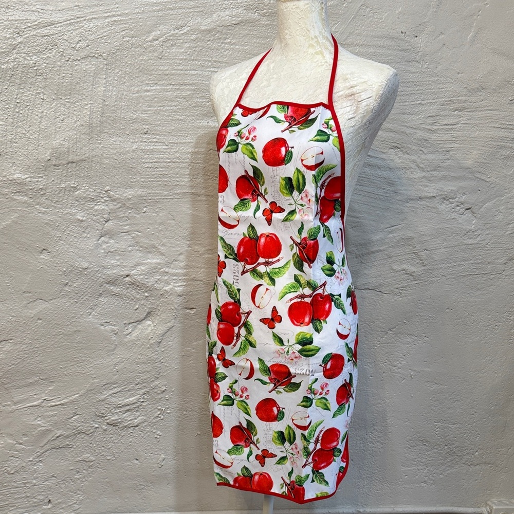 One Size Full Apron with Apples Butterflies and Garden Theme Red and White NWOT